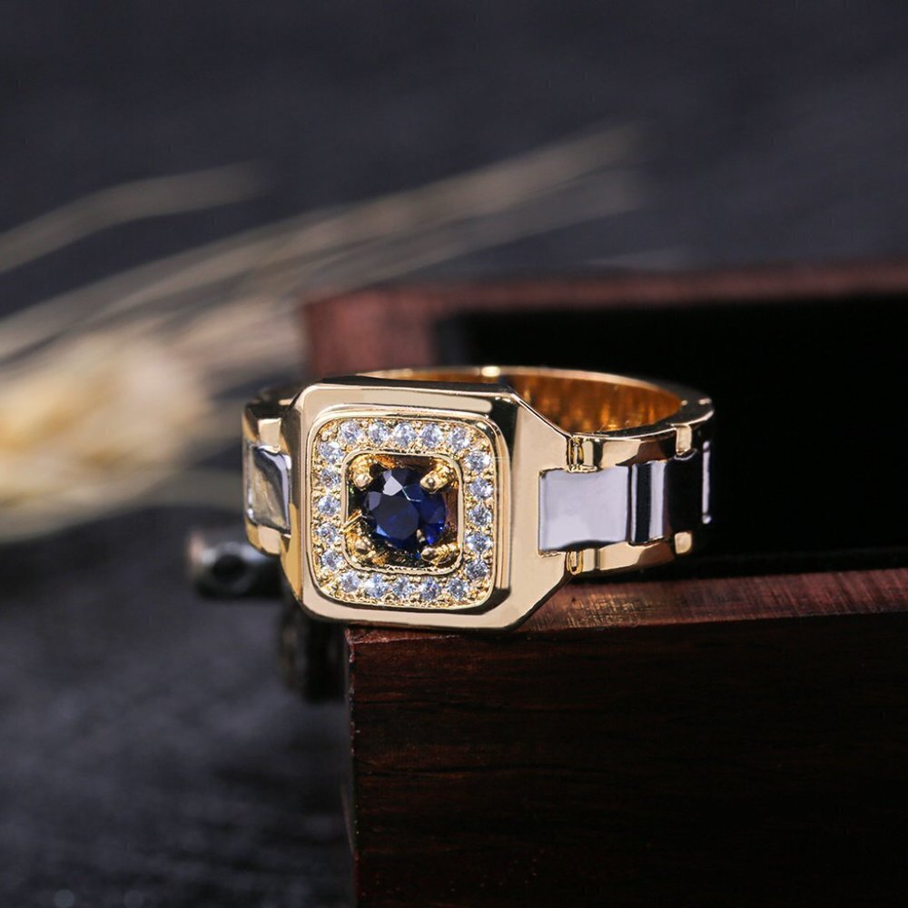 💍 Royal Blue Zircon Stone Luxury Gold Ring for Man, INDN8192 - Picture 4 of 8
